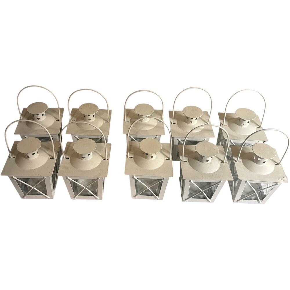 Set of 10 White Metal Glass Mini Tea Light Lanterns Wedding Party Decor EUC